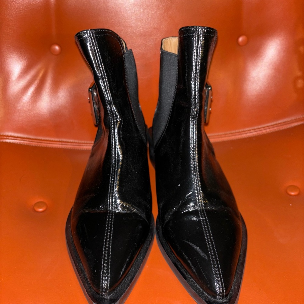 EUC - GANNI Black Patent Leather Buckle Chelsea Moto Booties- Sz 37 - Picture 2 of 6